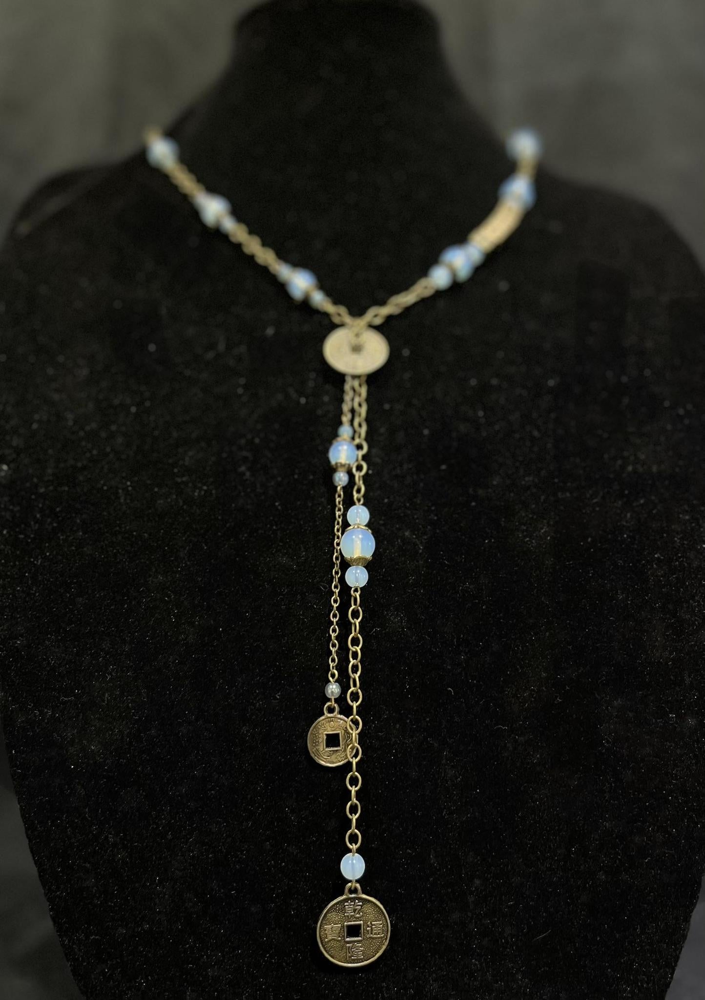 Shelley Silverlight - Moonstone beads and Chinese brass coins necklace