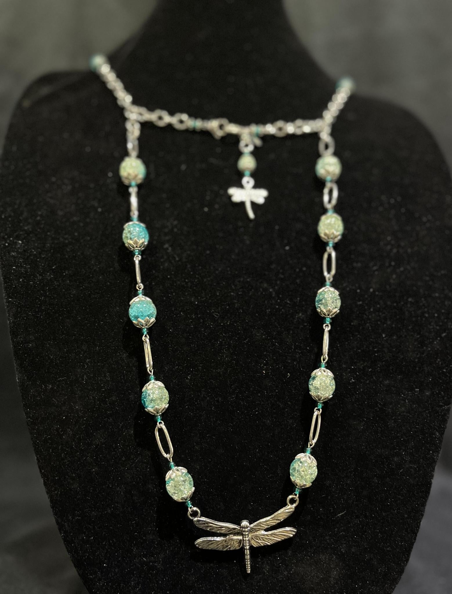 Shelley Silverlight - Aqua Czech crackle glass, anodized silver necklace