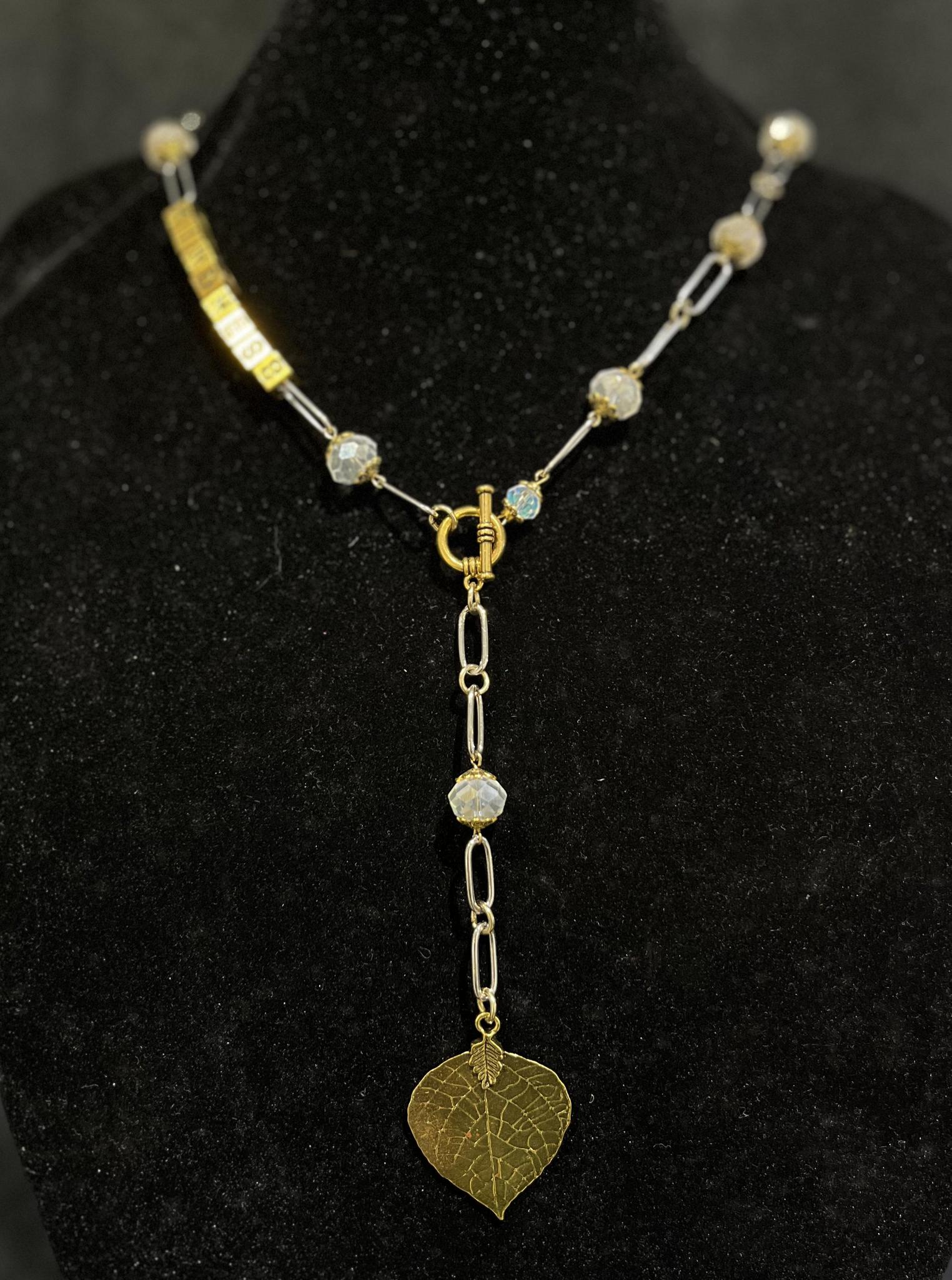 Shelley Silverlight - Rock crystal beads, gold plated brass and gold metal ginko leaf pendant necklace