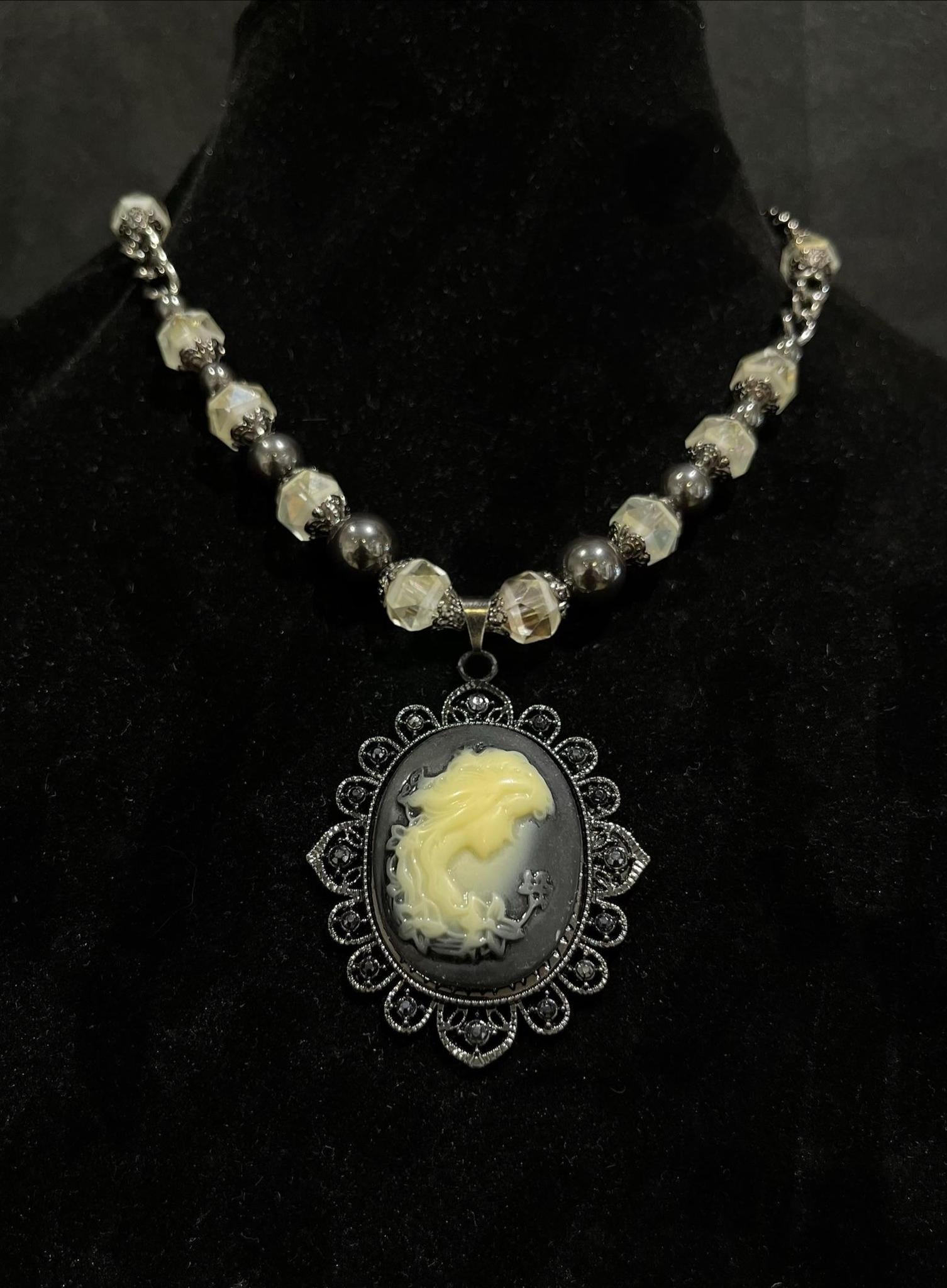 Shelley Silverlight - Cameo pendant with hematite, fire polished Czech glass, and anodized silver