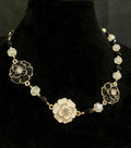 Shelley Silverlight - Gold plated enamel flowers with Czech beads, mother of pearl pendant necklace