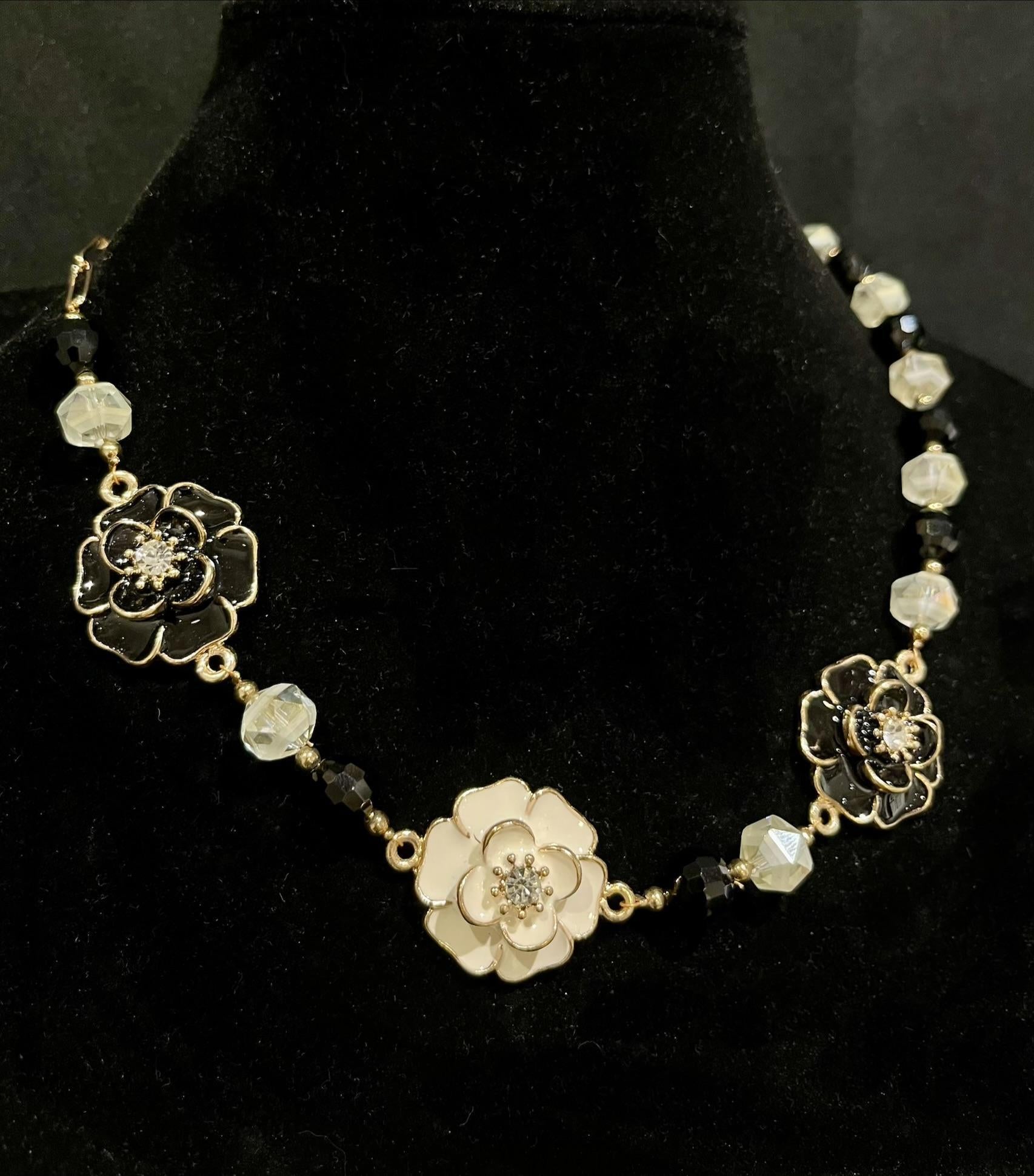 Shelley Silverlight - Gold plated enamel flowers with Czech beads, mother of pearl pendant necklace