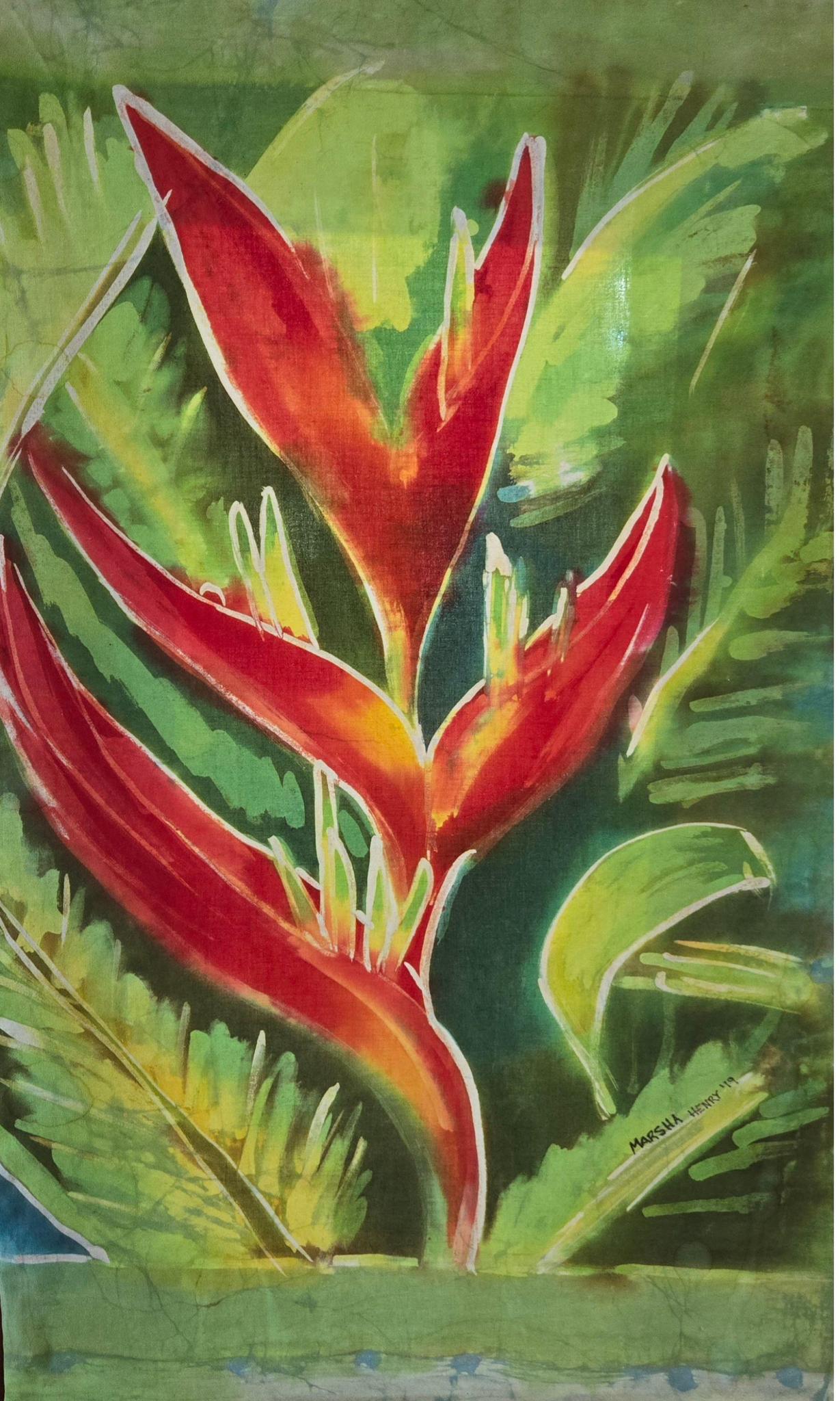 Marsha Green Henry - Heliconia Batik on scroll