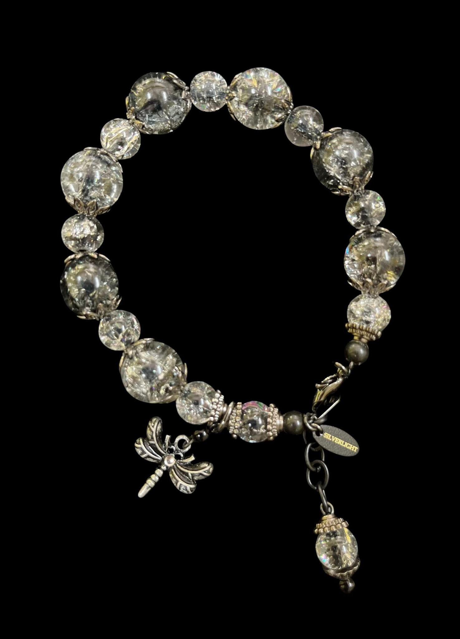 Shelley Silverlight - Black Czech crackle glass with anodized silver bracelet