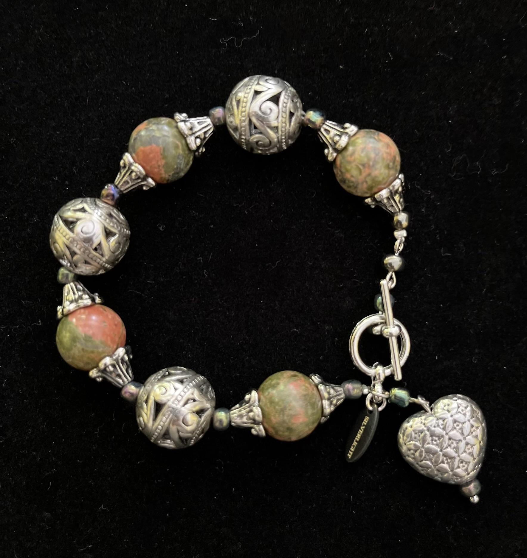 Shelley Silverlight - Coral, Green Jasper, Mexican Silver Bracelet